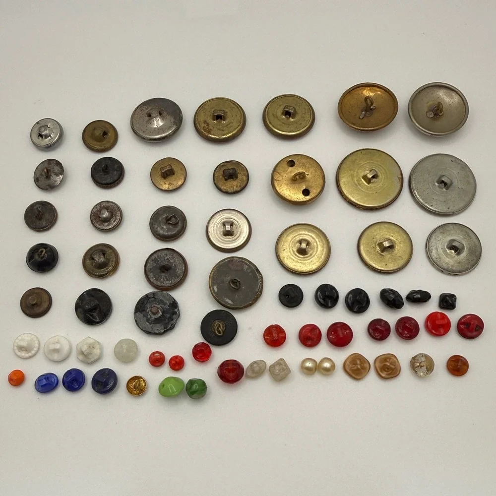 Vintage and Antique Button Lot Mixed Materials Brass Glass Military 60+ Pieces